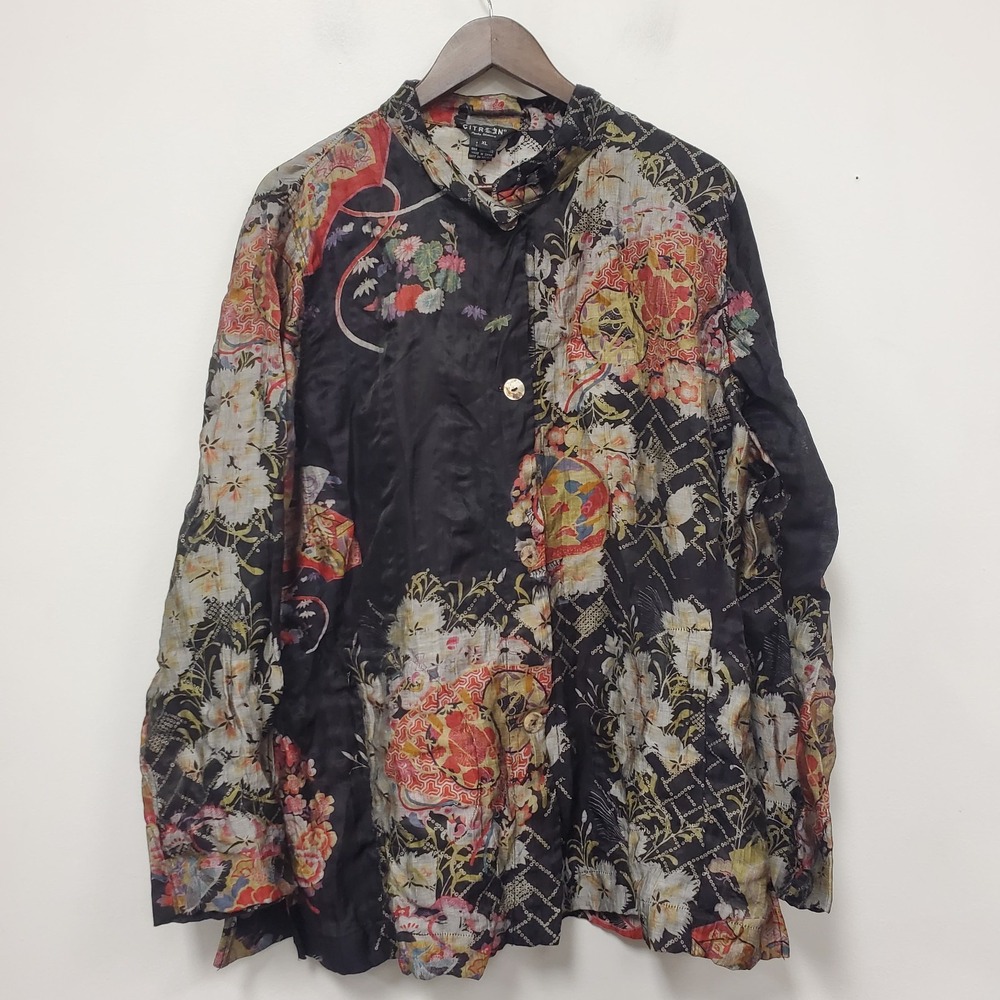 Citron Womens Button Up Linen Nylon Top Size XL Black Floral Long Sleeve Artsy